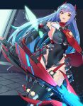  1girl absurdres android breasts highres ichthys_spnov joints large_breasts leotard mecha_musume open_mouth poppi_(xenoblade) poppi_qtpi_(xenoblade) purple_hair red_eyes robot_ears robot_joints solo weapon xenoblade_chronicles_(series) xenoblade_chronicles_2 