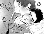  2boys black_hair blush brown_hair character_request chlthd_990 greyscale hand_on_another&#039;s_cheek hand_on_another&#039;s_face heart kiss kissing_cheek korean_commentary korean_text lying male_focus monochrome multiple_boys on_person pajamas pillow translated yaoi 
