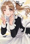  19_okeke 1girl apron black_dress brown_eyes brown_hair commentary_request dress finger_heart frilled_apron frills high_ponytail highres ichikawa_hinana idolmaster idolmaster_shiny_colors long_hair long_sleeves looking_at_viewer maid maid_apron maid_headdress one_eye_closed solo 