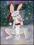  anthro bodily_fluids candy candy_cane christmas christmas_clothing christmas_headwear clothing cum cum_in_pussy cum_inside dessert disney female food fur genital_fluids genitals grey_body grey_fur hat headgear headwear hi_res holidays itsteriyaki judy_hopps lagomorph leporid mammal navel purple_eyes pussy rabbit santa_hat solo suggestive_eating zootopia 