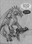  anthro bodily_fluids claws conditional_dnp dialogue dragon drooling english_text feral genital_fluids genitals humanoid humanoid_genitalia humanoid_penis it&#039;ll_never_fit male male/male penis precum saliva scalie sergal size_difference spikes text thick_penis urban-coyote wings 