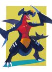  black_sclera border claws collarbone colored_sclera garchomp green_background highres legs_apart mo~zu no_humans open_mouth pokemon pokemon_(creature) sharp_teeth solo spikes standing symbol-only_commentary teeth tongue white_border yellow_eyes 