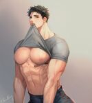  1boy abs bara bare_pectorals black_hair black_pants clothes_lift grey_shirt highres large_pectorals lifted_by_self looking_at_viewer male_focus muscular muscular_male navel nipples original pants pectorals pen shirt shirt_lift short_hair solo ssong-ga sweat sweatdrop teeth twitter_username 