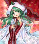  1girl :d bangs blush eyebrows_visible_through_hair floating_hair floral_background green_eyes green_hair hair_ornament hat hatsune_miku holding holding_umbrella japanese_clothes kimono leaf leaf_on_head long_hair long_sleeves looking_at_viewer marker_(medium) open_mouth red_background red_umbrella rui_(sugar3) sample_watermark sidelocks smile snowflake_print solo tassel traditional_media uchikake umbrella upper_body vocaloid white_headwear white_kimono wide_sleeves yuki_miku yuki_miku_(2013) 