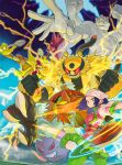  1girl akari_(pokemon) alakazam aodaisuki blue_hair closed_mouth commentary_request electivire floral_print gengar green_pants head_scarf highres hisuian_decidueye jacket long_hair looking_back machamp motion_blur outstretched_arm pants poke_ball poke_ball_(legends) pokemon pokemon_(creature) pokemon_(game) pokemon_legends:_arceus ponytail scizor short_sleeves sidelocks throwing white_headwear 