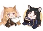  2girls :3 :d animal_ear_fluff animal_ears arknights bangs black_hair blue_hair blush bowl brown_hair brown_jacket ceobe_(arknights) chibi commentary_request cropped_torso dog_ears eyebrows_visible_through_hair facial_mark fang food food_on_face forehead_mark hair_between_eyes highres holding holding_bowl jacket japanese_clothes kimono long_hair long_sleeves multicolored_hair multiple_girls parted_bangs puffy_long_sleeves puffy_sleeves purple_kimono red_eyes saga_(arknights) smile sparkle starry_background teeth twitter_username two-tone_hair upper_body upper_teeth v-shaped_eyebrows very_long_hair wide_sleeves zhuazhua070 