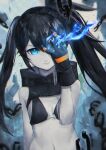  1girl absurdres bangs bikini bikini_top_only black_bikini black_gloves black_hair black_rock_shooter black_rock_shooter_(character) black_rock_shooter_(dawn_fall) blue_eyes breasts chain cleavage clenched_teeth closed_mouth eyebrows_visible_through_hair flaming_eye floating_hair gloves highres long_hair rinpu_shin shiny shiny_hair small_breasts solo swimsuit teeth upper_body very_long_hair 