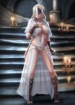  1girl absurdres blindfold blonde_hair breasts candle charleian cloak closed_mouth covered_eyes dark_souls_(series) dark_souls_iii fire_keeper full_body highres jewelry large_breasts lips long_hair looking_at_viewer mask revealing_clothes smile solo underwear 
