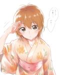  1girl blush commentary_request futari_wa_precure japanese_clothes kimono looking_at_viewer misumi_nagisa orange_eyes orange_hair precure sasano-01 sketch solo thought_bubble translation_request wiping_sweat yukata 