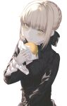  1girl artoria_pendragon_(fate) bangs black_bow black_panties blonde_hair blush bow braid burger crown_braid eyebrows_visible_through_hair fate/grand_order fate/stay_night fate_(series) food fov_ps hair_bow hair_bun holding holding_food layered_sleeves looking_at_viewer panties saber_alter smile solo underwear upper_body white_background wide_sleeves yellow_eyes 