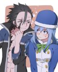  1boy 1girl abs arms_at_sides black_eyes black_hair blue_headwear bow bowtie breasts buttons collarbone commentary_request eine_blume fairy_tail finger_to_own_chin fur-trimmed_headwear gray_fullbuster green_bow green_bowtie hair_between_eyes highres juvia_lockser long_hair long_sleeves looking_at_another looking_at_viewer medium_breasts muscular muscular_male musical_note open_clothes open_shirt outside_border pink_background smile spiked_hair sweatdrop 