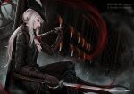  1girl ascot blood bloodborne blue_eyes boots cape chair coat defenixx double-blade gem gloves hat hat_feather holding lady_maria_of_the_astral_clocktower long_hair looking_at_viewer ponytail rakuyo_(bloodborne) simple_background smile solo sword the_old_hunters tricorne weapon white_hair 