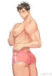  1boy ass back bara black_hair blush closed_mouth dolphin_shorts hand_on_own_chest highres jewelry large_pectorals male_focus muscular muscular_male nipples original pectorals pink_shorts ring short_hair shorts simple_background solo ssong-ga thick_thighs thighs topless_male twitter_username 