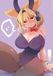  animal_ears black_leotard blonde_hair breasts cleavage detached_collar earmuffs fake_animal_ears fishnet_legwear fishnets highres large_breasts leotard pantyhose playboy_bunny pointy_hair rabbit_ears sayakata_katsumi strapless strapless_leotard thighhighs touhou toyosatomimi_no_miko wrist_cuffs 