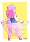  absurd_res anthro bovid butt caprine clothing digitigrade ear_piercing ear_ring eyewear fluffy fluffy_hair furufoo glasses hair hi_res hooves mammal piercing pink_hair pose sheep side_profile silk slightly_chubby swimwear 