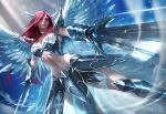 1girl angel_wings armor armored_boots banned_artist bikini_armor boots breasts cleavage closed_mouth commentary dual_wielding english_commentary erza_scarlet fairy_tail fantasy feathered_wings from_below gauntlets greatsword holding holding_sword holding_weapon long_hair medium_breasts navel red_eyes red_hair sakimichan signature solo stomach sword tattoo thighs weapon wings 