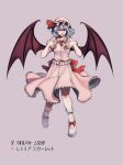  1girl :d back_bow bat_wings blue_hair bow brooch character_name commentary_request elosia embodiment_of_scarlet_devil fang footwear_bow frilled_skirt frills full_body hands_on_own_chest hat hat_bow highres jewelry korean_text large_bow looking_at_viewer pink_shirt pink_skirt puffy_short_sleeves puffy_sleeves red_bow red_eyes remilia_scarlet shirt short_hair short_sleeves skirt skirt_set smile solo touhou white_footwear white_legwear wings 
