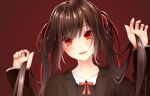  1girl :d bangs black_coat brown_hair coat eyebrows_visible_through_hair hair_between_eyes hair_ribbon head_tilt highres long_hair long_sleeves looking_at_viewer neck_ribbon open_clothes open_coat open_mouth original oriuo_q red_background red_eyes red_ribbon ribbon shiny shiny_hair simple_background smile solo twintails upper_body 