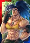  1boy abs absurdres armlet bare_shoulders black_gloves collarbone cosplay dog_tags gloves highres kageru_(mofnyan) large_pectorals leona_heidern leona_heidern_(cosplay) muscular muscular_male pectorals ponytail pouch samurai_spirits solo tank_top the_king_of_fighters yellow_tank_top 