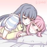  2girls artist_name blue_hair blush hug long_hair lying lying_on_person magia_record:_mahou_shoujo_madoka_magica_gaiden mahou_shoujo_madoka_magica multiple_girls nanami_yachiyo on_bed on_stomach pink_hair studiozombie tamaki_iroha yuri 