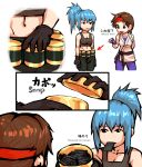  2girls bare_shoulders blue_hair braid breasts brown_hair can eating food gloves headband highres inu_otoko leona_heidern multiple_girls navel ponytail snack talking tank_top the_king_of_fighters the_king_of_fighters_xiii translated yuri_sakazaki 