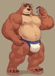  2022 absurd_res anthro beard brown_body bulge cellphone clothing facial_hair hi_res humanoid_hands istani jockstrap male mammal musclegut nipples overweight overweight_male phone simple_background smartphone solo underwear ursid 