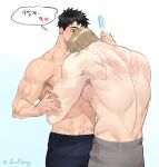  2boys abs back bara black_hair black_pants blonde_hair face_to_pecs food grey_pants holding holding_food large_pectorals male_focus multiple_boys muscular muscular_male navel nipples original pants parted_lips pectorals popsicle short_hair ssong-ga topless_male twitter_username yaoi 