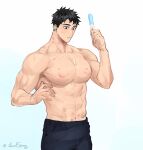  1boy abs bara black_hair black_pants food food_on_body food_on_pectorals holding holding_food large_pectorals male_focus muscular muscular_male navel nipples original pants parted_lips pectorals popsicle short_hair solo ssong-ga sweat topless_male twitter_username 
