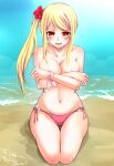  1girl absurdres alternate_costume arm_ribbon bangs bare_shoulders beach bikini blonde_hair blush breasts cleavage collarbone commentary_request covering covering_breasts crossed_arms embarrassed fairy_tail highres large_breasts looking_at_viewer lucy_heartfilia morizuki_yuma navel one_side_up open_mouth parted_lips pink_bikini pov red_eyes ribbon seiza sidelocks sitting solo stomach swimsuit tearing_up tears teeth thighs tongue upper_teeth water 