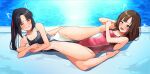  2girls bangs barefoot black_hair blue_swimsuit blush breasts brown_eyes brown_hair clenched_teeth commission competition_swimsuit covered_navel eyebrows_visible_through_hair hair_ribbon hand_on_another&#039;s_leg highleg highleg_swimsuit hisakabe_oto idolmaster idolmaster_cinderella_girls legs long_hair lying medium_breasts mizumoto_yukari mizuno_midori multiple_girls nose_blush one-piece_swimsuit open_mouth orgasm parted_bangs pink_ribbon pink_swimsuit pussy_juice ribbon skeb_commission sweat swimsuit teeth tribadism tribadism_through_clothing wince yuri 