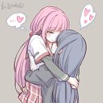  2girls artist_name blue_hair blush braid heart hug long_hair magia_record:_mahou_shoujo_madoka_magica_gaiden mahou_shoujo_madoka_magica multiple_girls nanami_yachiyo pink_hair school_uniform serafuku spoken_heart studiozombie tamaki_iroha yuri 