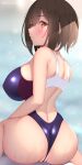  1girl akira_shiun artist_name ass back back_cutout bangs blue_swimsuit blush breasts brown_eyes brown_hair closed_mouth clothing_cutout commentary_request competition_swimsuit highres large_breasts looking_at_viewer looking_back one-piece_swimsuit original partially_visible_vulva short_hair shoulder_blades sitting solo swimsuit thong_swimsuit wet 