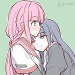  2girls artist_name blue_hair blush braid leaning_on_person light_smile long_hair magia_record:_mahou_shoujo_madoka_magica_gaiden mahou_shoujo_madoka_magica multiple_girls nanami_yachiyo pink_hair profile school_uniform serafuku smile studiozombie tamaki_iroha upper_body yuri 