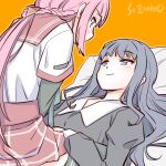  2girls artist_name blue_hair blush eye_contact long_hair looking_at_another lying magia_record:_mahou_shoujo_madoka_magica_gaiden mahou_shoujo_madoka_magica multiple_girls nanami_yachiyo on_back pink_hair school_uniform serafuku smile straddling studiozombie tamaki_iroha yuri 