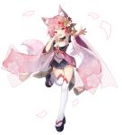  1girl :3 :d absurdres animal_ear_fluff animal_ears armpits bangs bare_shoulders bell detached_sleeves fox_ears fox_girl fox_tail full_body hair_ornament hand_to_own_mouth highres leg_up long_hair looking_at_viewer miniskirt neck_bell original pink_hair pleated_skirt red_eyes shiny shiny_hair simple_background skirt smile solo standing synring97 tail tail_raised thighhighs white_background white_legwear wide_sleeves zettai_ryouiki 