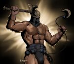  1boy abs areyouhun_(sleeplazycat) axe bara belt biceps bounty_hunter_(darkest_dungeon) bulge chest_hair cowboy_shot dark-skinned_male dark_skin darkest_dungeon fake_horns gladiator helmet highres holding holding_axe horned_helmet horns large_pectorals mace male_focus muscular muscular_male nipples pectorals revealing_clothes solo stomach thick_thighs thighs topless_male weapon 