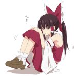  1girl :&lt; ankle_socks armpit_crease bare_shoulders bored bow brown_footwear brown_hair detached_sleeves eyebrows_visible_through_hair eyes_visible_through_hair feet_up frilled_bow frilled_hair_tubes frills from_side full_body hair_bow hair_tubes hakurei_reimu half-closed_eyes hands_on_own_knees hands_up knees_up large_bow legs_together leon_(mikiri_hassha) loafers long_hair long_sleeves looking_at_viewer looking_to_the_side medium_skirt motion_lines nontraditional_miko parted_lips ponytail red_bow red_eyes red_skirt red_vest shadow shoes simple_background sketch skirt skirt_set sleeve_garter sleeveless socks solo straight_hair touhou triangle_mouth vest white_background white_legwear white_sleeves wide_sleeves 