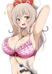  1girl armpits arms_behind_head arms_up blush bouncing_breasts bra breasts commentary dot_nose eggman_(pixiv28975023) embarrassed eyebrows_visible_through_hair floral_print flying_sweatdrops furrowed_brow hat highres isekai_maou_to_shoukan_shoujo_no_dorei_majutsu long_hair looking_at_viewer lower_teeth lumachina_weselia motion_lines navel open_mouth pink_bra raised_eyebrows red_ribbon ribbon shiny shiny_hair silver_hair simple_background strap_gap teeth underwear underwear_only wavy_mouth white_background 