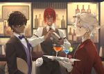  3boys a_ching alternate_costume arjuna_(fate) ashwatthama_(fate) bar bartender bishounen black_eyes black_hair blue_bow blue_bowtie bottle bow bowtie cocktail cocktail_shaker cup dark_skin drinking_glass earrings fate/grand_order fate_(series) gloves green_eyes grin hair_between_eyes holding holding_tray indoors jewelry karna_(fate) looking_at_viewer male_focus messy_hair multiple_boys red_hair smile tray white_gloves white_hair yellow_eyes 