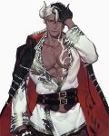  1boy abs bara belt closed_mouth commentary highres horns jouvru large_pectorals long_sleeves looking_at_viewer male_focus mature_male muscular muscular_male original pectoral_cleavage pectorals smile solo 