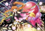 1girl balloon black_gloves black_legwear blue_eyes bow briska card cloud elbow_gloves flower gloves hair_bow haneoka_meimi hat holding holding_wand kaitou_saint_tail long_hair looking_at_viewer magical_girl open_mouth orange_hair pantyhose playing_card ponytail ribbon rose saint_tail skirt sky smile solo star_(sky) starry_sky top_hat wand 