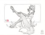  anthro breasts canid canine female genitals kacey mammal maned_wolf monochrome nipples nude one_leg_up pawpads pussy raised_leg solo traditional_media_(artwork) 