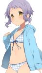  bikini blue_bikini blush breasts checkered_bikini checkered_clothes cleavage collarbone commentary_request highres hood hooded_jacket idolmaster idolmaster_million_live! jacket light_blue_jacket long_sleeves makabe_mizuki mochigome_(ununquadium) navel purple_hair serious short_bangs short_hair sidelocks small_breasts solo stomach swimsuit thighs wavy_hair white_background yellow_eyes 