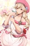  1girl bare_shoulders belt bouquet braid breasts brown_eyes brown_hair cleavage collarbone dress faye_(fire_emblem) fire_emblem fire_emblem_echoes:_shadows_of_valentia fire_emblem_heroes flipped_hair flower hat highres light_brown_hair long_hair low-braided_long_hair medium_breasts multicolored_background official_alternate_costume pink_dress pink_headwear short_sleeves simple_background smile solo toshimasa_(ztvy3575) twin_braids upper_body 