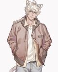  1boy animal_ears bara cat_ears closed_mouth commentary highres jacket jouvru long_sleeves looking_at_viewer male_focus mature_male muscular muscular_male open_clothes open_jacket original shirt short_hair smile solo white_shirt 