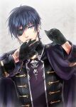  1boy bangs black_gloves blue_hair cape dr. earrings eyepatch glove_in_mouth glove_pull gloves grey_background hair_between_eyes hands_up ikemen_ooku jewelry long_sleeves looking_at_viewer male_focus mouth_hold non-web_source purple_cape purple_eyes removing_glove single_earring solo upper_body xeno_gerald 
