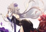  1girl a_ching ahoge applying_makeup arm_warmers black_dress closed_mouth dress fate/grand_order fate_(series) fingernails flower from_side gradient_clothes grey_hair hair_flower hair_ornament jeanne_d&#039;arc_(alter)_(fate) jeanne_d&#039;arc_(fate) long_hair looking_at_viewer profile purple_background purple_sleeves red_lipstick_tube red_nails solo yellow_eyes 