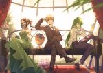  1boy 1girl 1other a_ching alternate_costume armlet ascot black_footwear black_hair black_pants black_suit blonde_hair bracelet brown_eyes dress earrings elbow_gloves enkidu_(fate) fate/grand_order fate_(series) flower food formal fruit gilgamesh_(fate) gloves grapes green_dress green_eyes green_gloves green_hair hair_bun indoors jewelry long_hair pants red_eyes rose shirt shoes short_hair siduri_(fate) sitting smile white_shirt window 