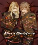  2boys absurdres beard blonde_hair christmas_lights christmas_ornaments christmas_sweater facial_hair fate/apocrypha fate/extra fate/grand_order fate_(series) gecl4 highres long_hair long_sleeves looking_at_viewer male_focus multiple_boys open_mouth vlad_iii_(fate/apocrypha) vlad_iii_(fate/extra) 
