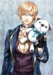  1boy aiguillette argyle argyle_background arm_at_side ascot bangs black_gloves blonde_hair blue_background blue_coat blue_eyes character_request closed_mouth coat dr. gloves hand_up holding holding_stuffed_toy ikemen_ooku lips long_sleeves looking_at_viewer male_focus non-web_source smile solo stuffed_animal stuffed_toy swept_bangs teddy_bear upper_body vest white_ascot 